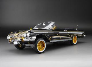 Chevrolet Impala open convertible Lowrider with movable suspension, black/chrome with small white wall tires SunStar Metallmodell 1:18